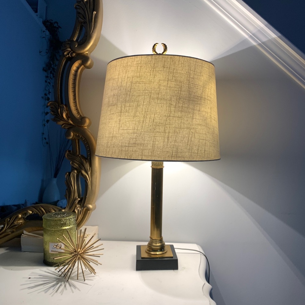 mid-century vintage Hollywood Regency style brass and black table lamp lampshade